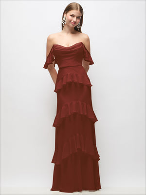 Burgundy off-shoulder cowl maxi dress with tiered ruffle skirt and short ruffle strap sleeves
