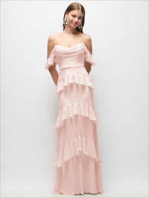 Blush pink off-the-shoulder cowl chiffon maxi dress, layered ruffle tiers at hem