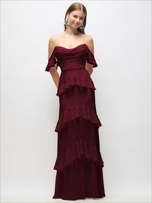 Off-the-shoulder cowl chiffon maxi dress, burgundy, tiered ruffle skirt, off-shoulder ruffle sleeves