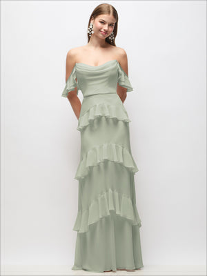 Off-the-shoulder cowl chiffon maxi dress in sage green with flowing ruffle layers