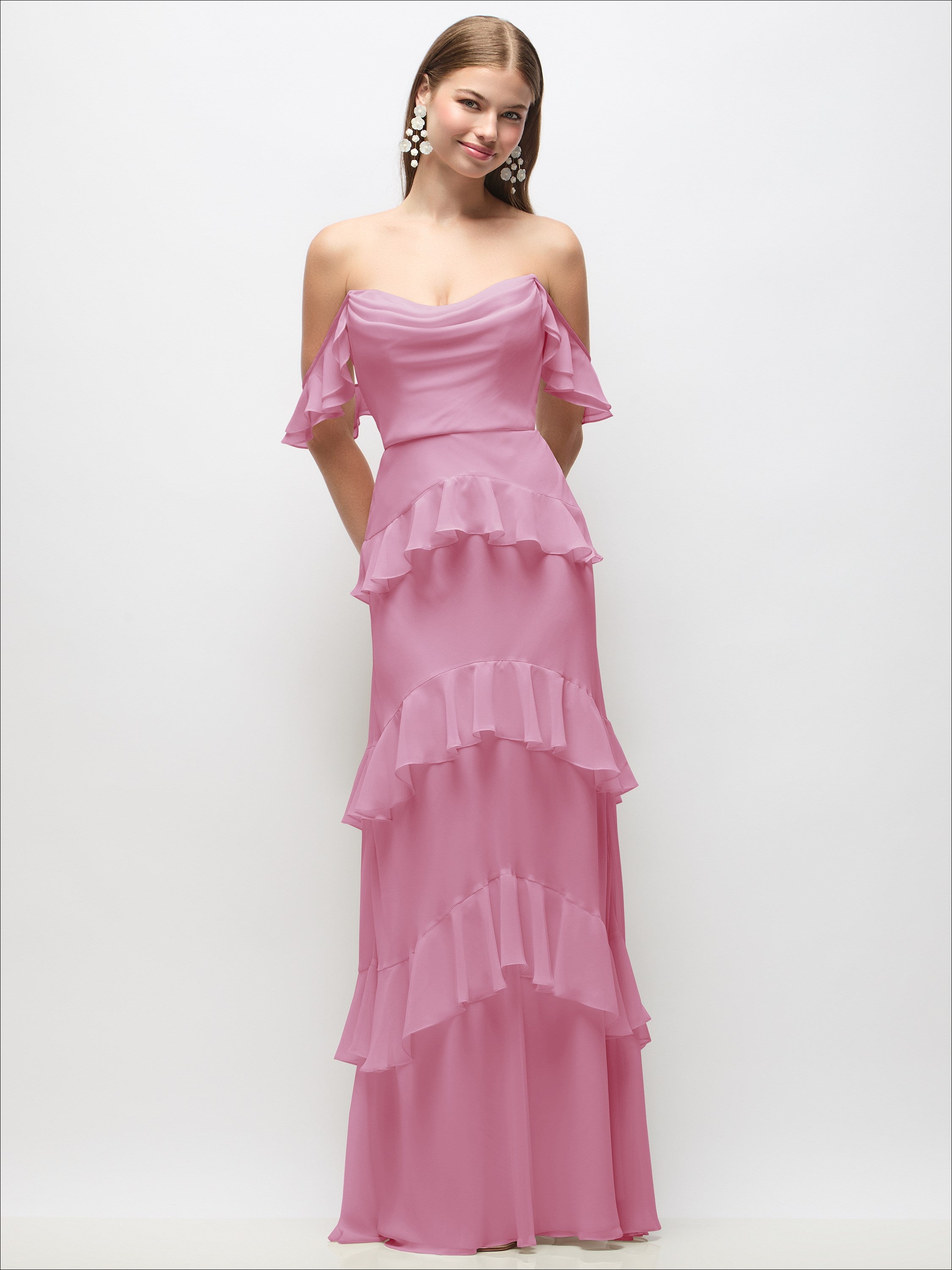 Off-the-Shoulder Cowl Chiffon Tiered Ruffle Maxi Dress with Convertibl