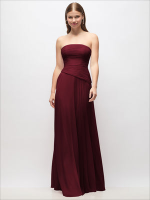 Strapless chiffon maxi dress in deep burgundy with ruched bandeau bodice