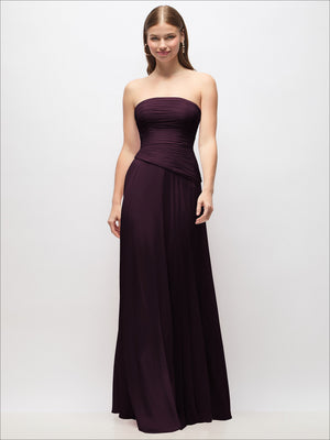 Plum strapless chiffon maxi dress with ruched bodice and asymmetrical drop waist pleats