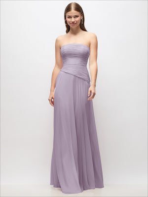 Dusty purple strapless chiffon maxi dress, ruched bodice, draped drop waist
