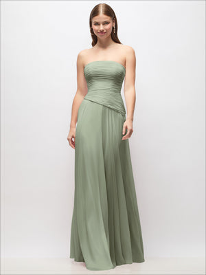 Strapless chiffon maxi dress in light sage green, ruched bodice and draped drop waist