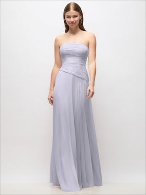 Strapless chiffon maxi dress in dusty lavender, ruched bust and asymmetrical drop-waist