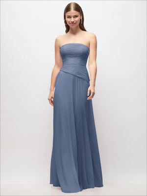 Strapless chiffon maxi dress in periwinkle blue, ruched bust and asymmetrical drop-waist