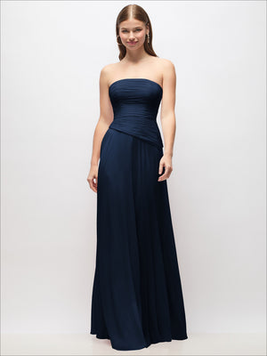 Navy strapless chiffon maxi dress with ruched bodice and asymmetrical drop waist pleats