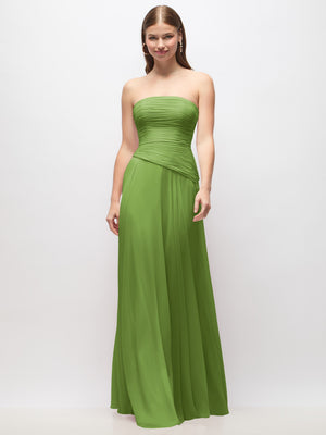 Green strapless chiffon maxi dress with ruched bodice and draped drop waist