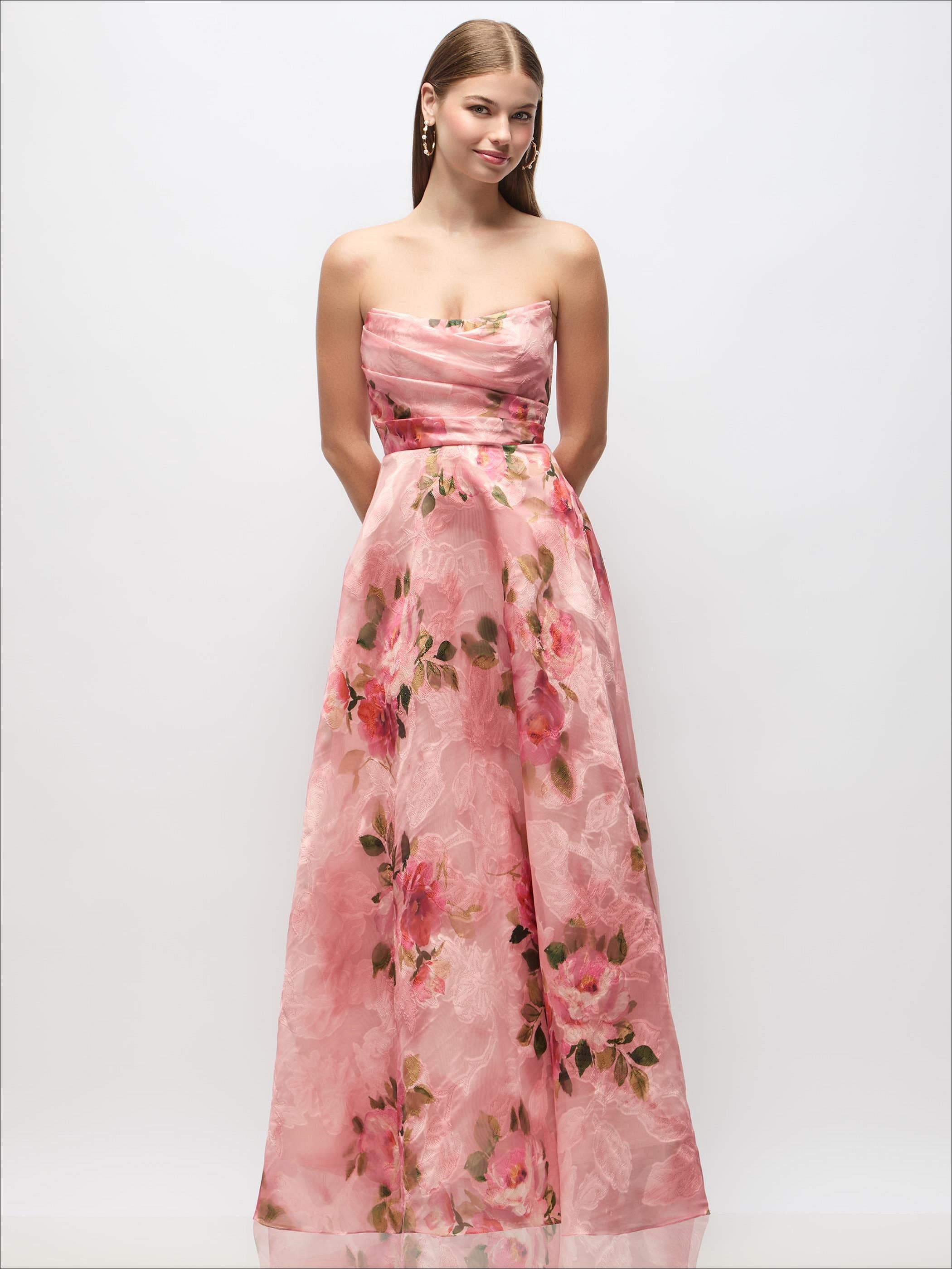 Strapless Organza Jacquard Maxi Dress with Draped Cat-Eye Bodice