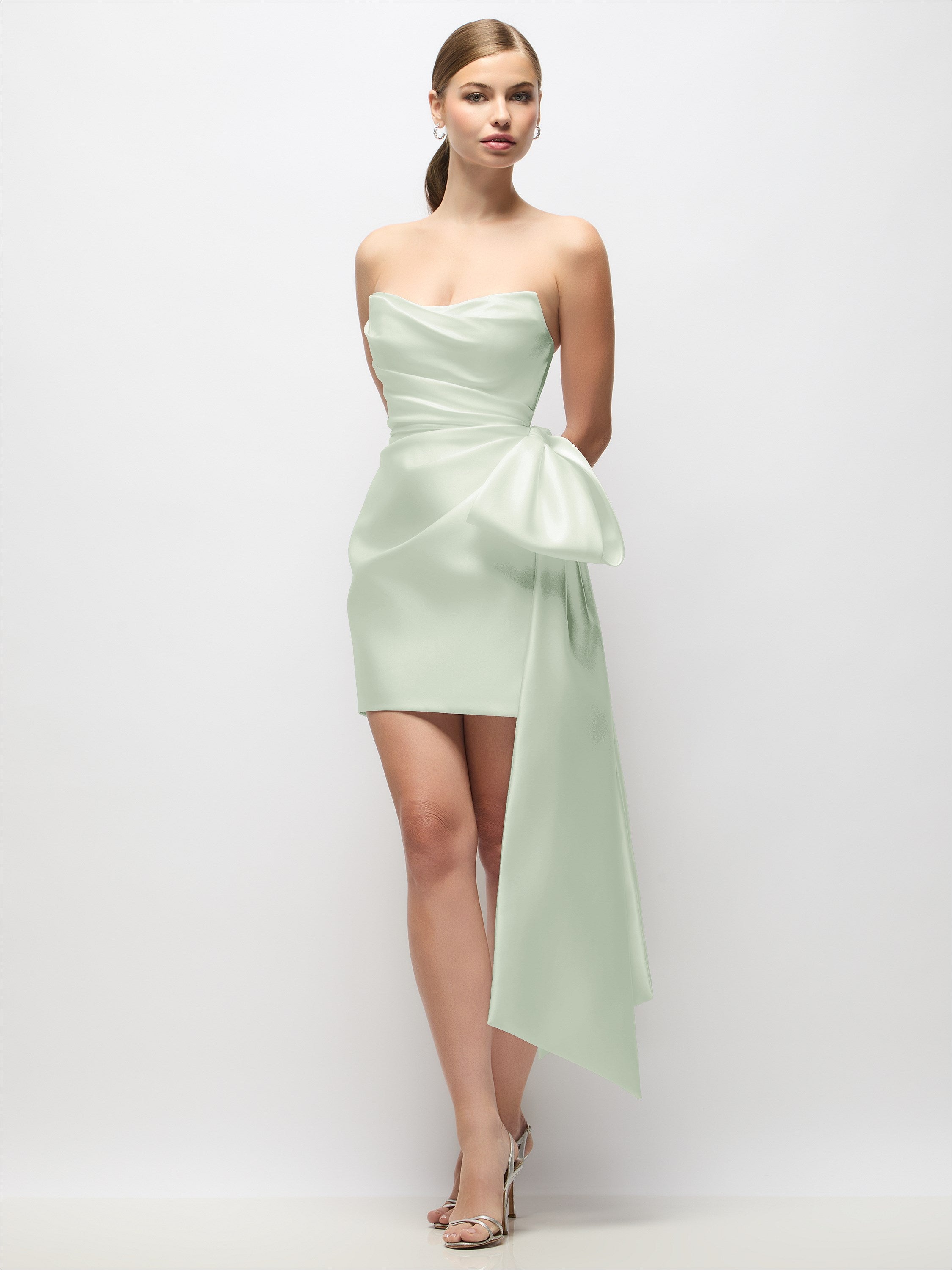 satin strapless twist cutout dress in mint green Pleated Draped Mini with Dramatic Long Tail Bow Lucy