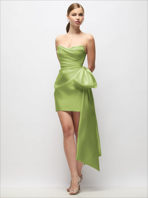 Strapless satin mini dress with pleated waist and long tail bow—light green, covered buttons.