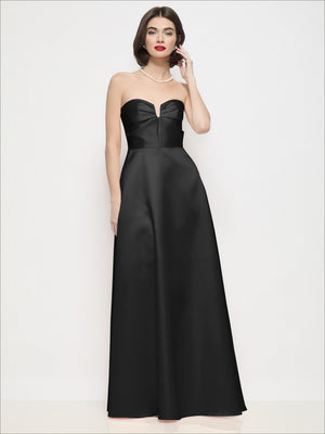 Black strapless satin maxi dress with structured sweetheart bodice and flared skirt