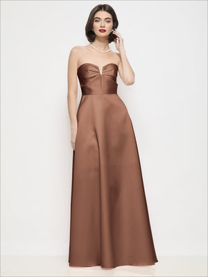 Strapless satin maxi dress with U-wire bodice and pleated semicircle skirt in dark brown