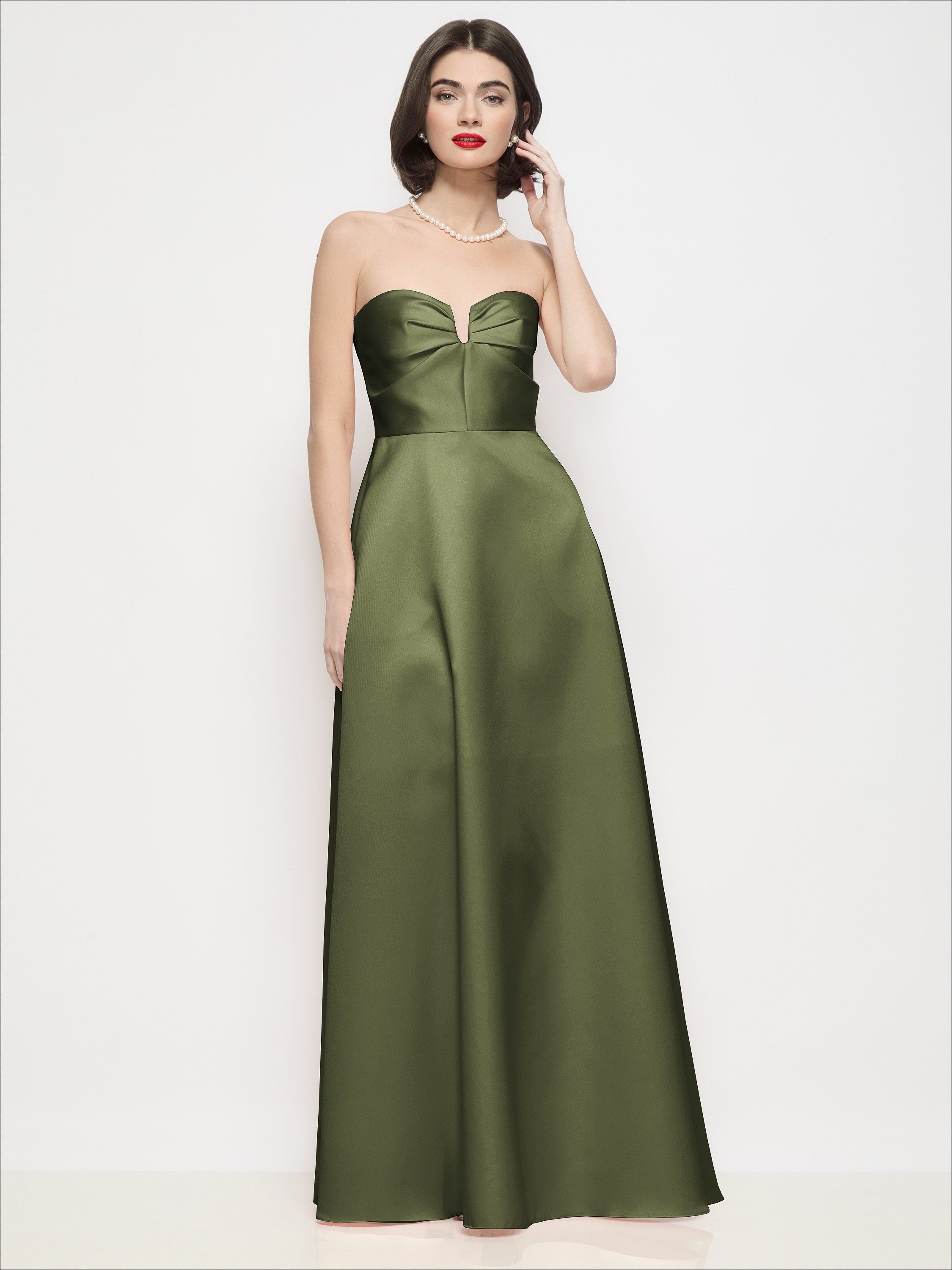 olive green strapless dress Pleated U-Wire Satin Maxi with Semi Circle Skirt cream color dress