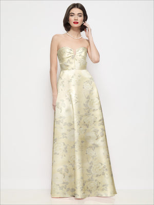 Yellow strapless satin maxi dress with floral jacquard, fitted bodice, pleated skirt