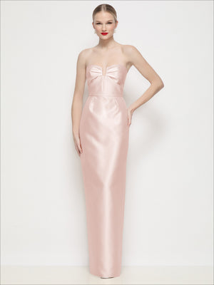 Strapless satin column maxi dress with U-wire bodice, pleated bust, blush pink