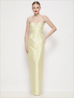 Strapless satin column maxi dress with U-wire bodice, pleated bust, light yellow-green