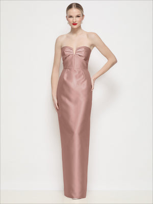 Blush satin strapless maxi dress with bow neckline and pleated U-wire bodice