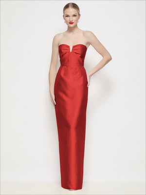 Strapless satin column maxi dress with U-wire bodice, pleated bust, red satin