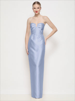 Strapless satin column maxi dress with U-wire bodice, pleated bust, light blue
