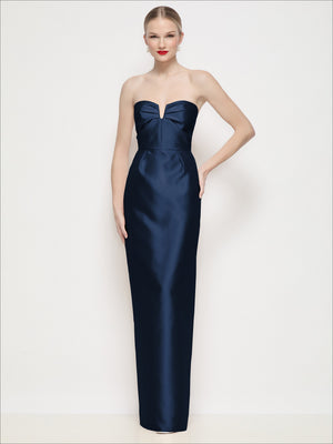Dark navy strapless satin column maxi dress with structured sweetheart bodice