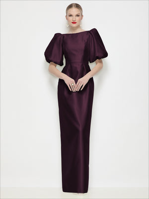 Satin column maxi dress with bateau neckline and puff sleeves, dark plum