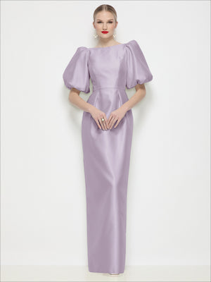 Lilac satin column maxi dress with bateau neckline and puff sleeves