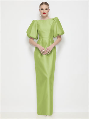 Lime green satin column maxi dress with bateau neckline and gathered puff sleeves