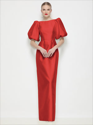 Red satin column maxi dress with bateau neckline and puff sleeves