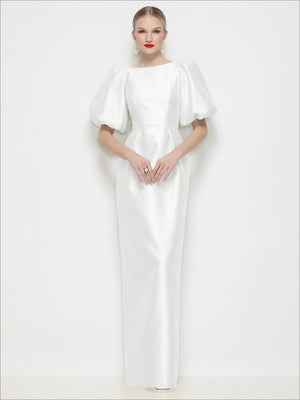 Ivory satin column maxi dress with bateau neck and puff sleeves, straight front view