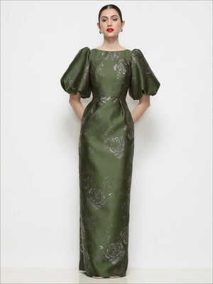 Olive satin maxi dress with bateau neck, puff sleeves, embossed gilt floral column