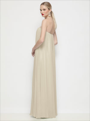 Ivory strapless shirred chiffon trapeze maxi dress, side view