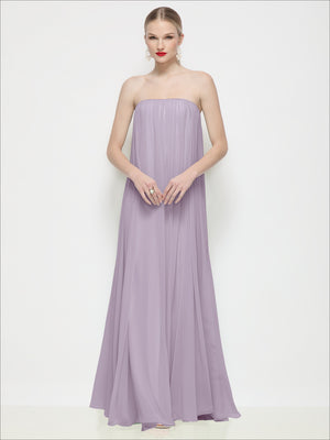 Lilac strapless shirred chiffon maxi dress with flowing trapeze silhouette