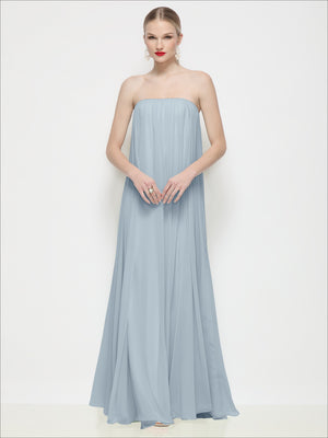 Light blue strapless shirred chiffon maxi dress, front view with soft gathers