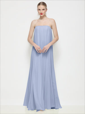 Strapless shirred chiffon maxi dress in powder blue, trapeze silhouette, front view.