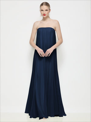 Deep navy strapless shirred chiffon trapeze maxi dress, front view