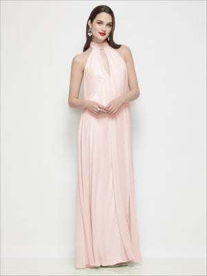 Light blush slip-on halter trapeze chiffon dress with shirred keyhole neckline