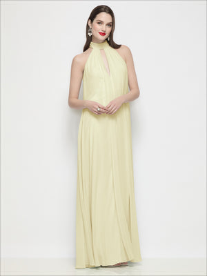 Light yellow halter chiffon trapeze dress with shirred bodice and keyhole neckline