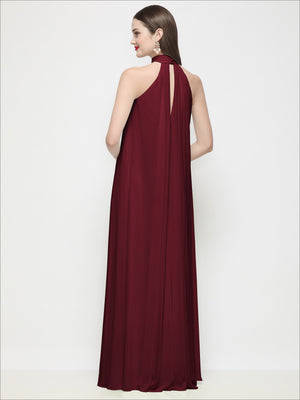 Burgundy halter trapeze chiffon dress from back view with draped neckline