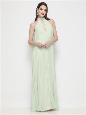 Mint green halter chiffon maxi dress with shirred bodice and keyhole neckline