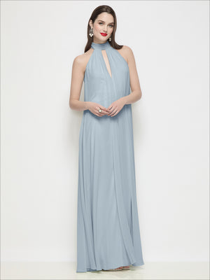 Light blue chiffon halter trapeze dress with shirred bodice and keyhole neckline, ankle length.