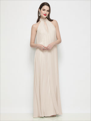 Slip-on shirred chiffon halter dress, ivory, halter neckline with pleated bodice and maxi length.