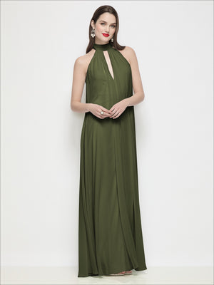 Olive halter trapeze dress with keyhole neckline and shirred chiffon bodice