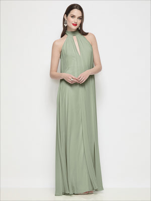 Sage green halter trapeze dress with keyhole neckline and shirred chiffon bodice