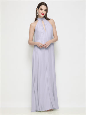 Lavender shirred chiffon halter trapeze slip-on dress with draped keyhole neckline