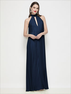 Navy halter chiffon trapeze dress with keyhole neckline and draped shirring at the bust.