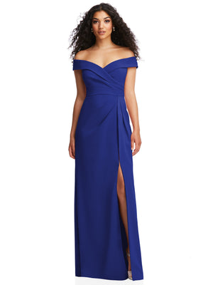 Cobalt blue off-the-shoulder faux wrap maxi dress with side slit