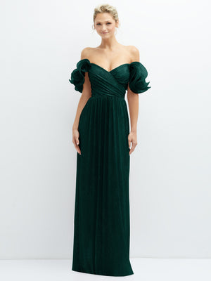 Metallic pleated maxi dress in dark green with off-shoulder ruffle sleeves