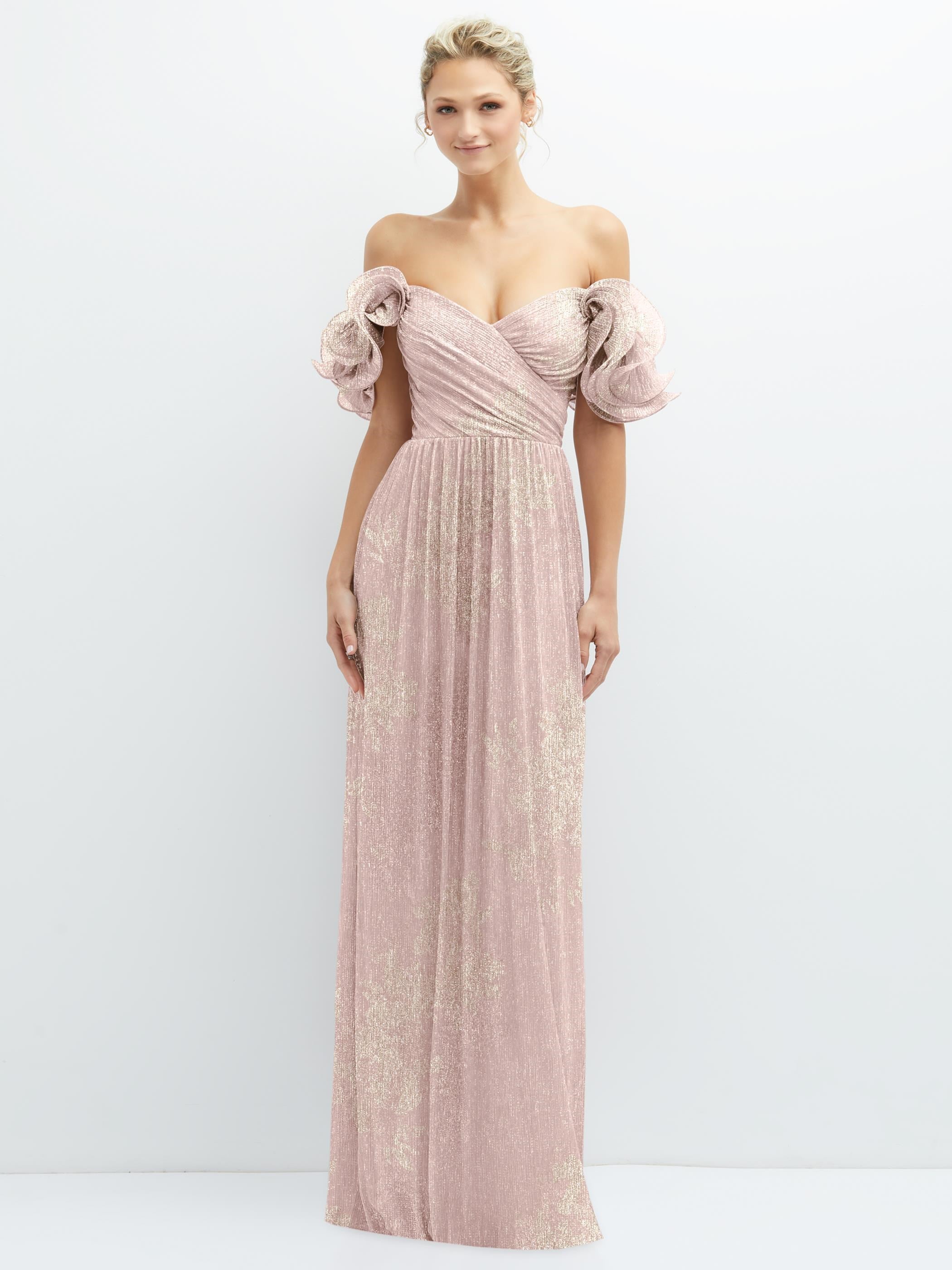 draped metallic foil long dress in rose gold Dramatic Ruffle Edge Convertible Strap Pleated Maxi wit Bridal gown